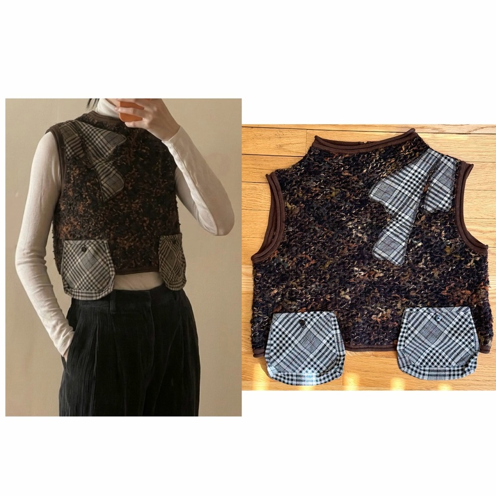 Japanese Designer Wool Blend Multi-Color Patchwork Cropped Knit Vest - S